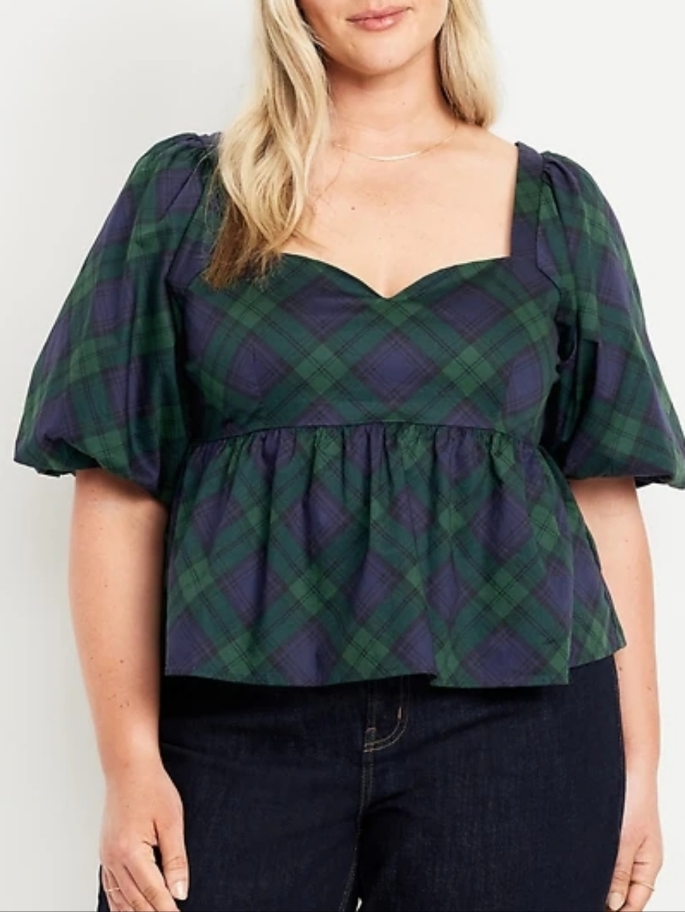 XL • Old Navy • Green and Navy Plaid Puff-Sleeve Peplum Top